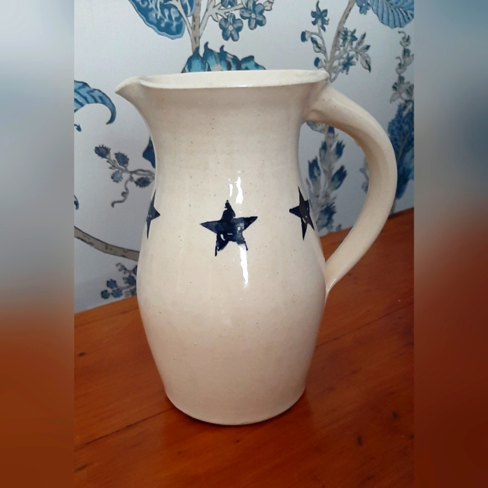 Vintage Picket Pottery of New Baltimore NY, 9" Tall, White Pitcher w/ Blue Stars